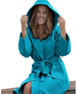 Dames robezz wafel ochtendjas met capuchon Blauw - S / M