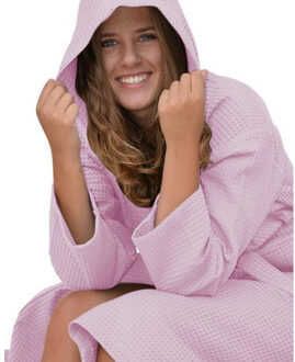 Dames robezz wafel ochtendjas met capuchon - maat L / XL Roze