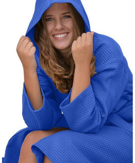 Dames robezz wafel ochtendjas met capuchon - maat XS Blauw