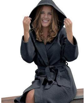 Dames robezz wafel ochtendjas met capuchon Zwart - L / XL