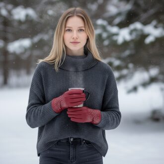 Dames rode Italiaanse leren zachte wollen voering winterhandschoenen met studs Rood