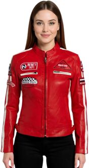 Dames rode leren bikerjack met racebadges - Dalby Rood - EU 40 / UK 12