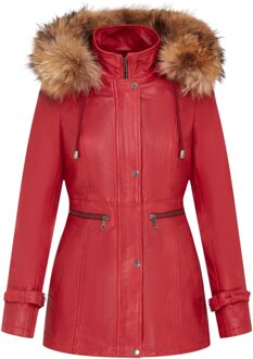 Dames rode warme leren parka met capuchon - Northwich - maat Rood
