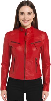 Dames Rood Casual Slim-Fit Leren Bikerjack - Tulsa - maat EU 48 / UK 20
