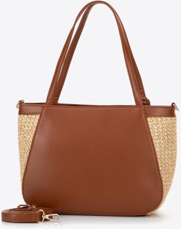 Dames schoudertas van beige en bruin vlechtwerk