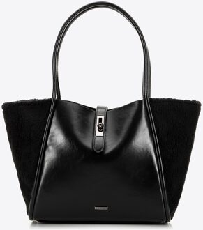 Dames shopper met bontinzetstukken, zwart, eco-leer