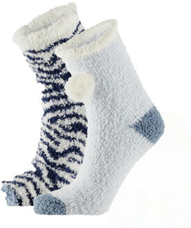 Dames sokken - 2 pack - blauw/wit - maat 36/41 - pluche One size
