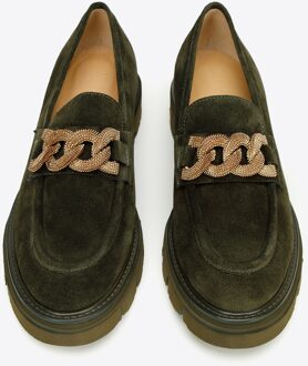Dames Suède Loafers met Decoratieve Ketting op Platform Donkergroen