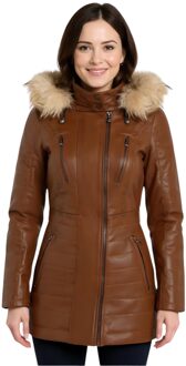 Dames Tan Dames Tan Bruin Gewatteerde Leren Parka Jas-Bowen - maat EU 42 / UK 14