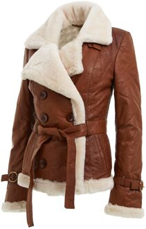 Dames Tan Double Breasted schapenvacht pilotenjack-Leshan Bruin - EU 50 / UK 22