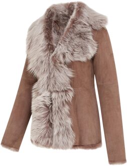 Dames Taupe Schapenvacht Toscana Shearling Suède Leren Jas - Noiré - maat EU 42 / UK 14