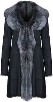 Dames Toscana schapenvacht suède trenchcoat-Tbilisi - maat EU 38 / UK 10 Zwart en zilver