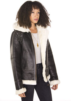 Dames vliegend leren jack van schapenvacht met capuchon-Palermo - maat EU 50 / UK 22 Bruin