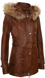 Dames warm leren parkajack met capuchon-Northwich - maat EU 50 / UK 22 Bruin