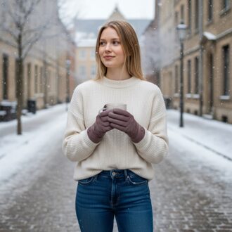 Dames winterhandschoenen in nude beige Italiaans leer met zachte wollen voering en knoopsluiting Huidkleurig