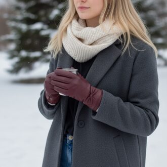 Dames winterhandschoenen met bordeauxrood Italiaans leer en zachte wollen voering en strikmotief - XL