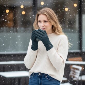 Dames winterhandschoenen met gesp en zachte wollen voering in Italiaans leer in blauwgroen Groenblauw