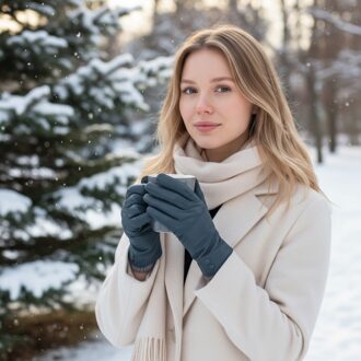 Dames winterhandschoenen met Italiaanse leren voering in zacht wol en blauwgroene kleur, met knoopsluiting Groenblauw