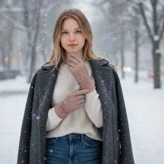 Dames winterhandschoenen met strikmotief in nude beige Italiaans leer en zachte wollen voering - maat Huidkleurig