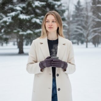 Dames winterhandschoenen met strikmotief in paars Italiaans leer en zachte wollen voering