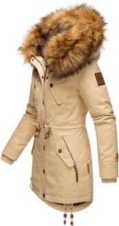 dames winterjas met afneembare imitatiebontkraag & taillekoord Beige - XS
