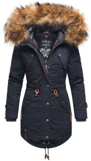 dames winterjas met afneembare imitatiebontkraag & taillekoord Blauw - S