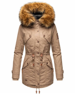 dames winterjas met afneembare imitatiebontkraag & taillekoord Grijs - XS