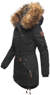 dames winterjas met afneembare imitatiebontkraag & taillekoord Zwart - S