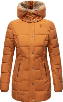 dames winterjas met capuchon & imitatiebont voering Bruin