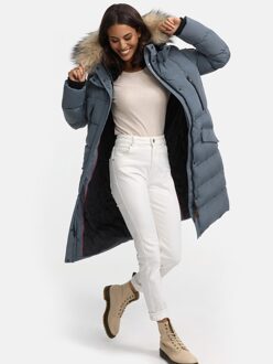 dames winterjas – Schneesternchen, lang met capuchon & imitatiebontkraag Blauw - XS