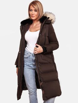 dames winterjas – Schneesternchen, lang met capuchon & imitatiebontkraag Bruin