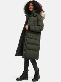 dames winterjas – Schneesternchen, lang met capuchon & imitatiebontkraag Groen - XS