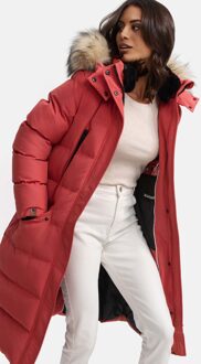 dames winterjas – Schneesternchen, lang met capuchon & imitatiebontkraag Rood - XS