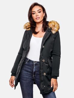 dames winterparka Karmaa met afneembare imitatiebontkraag Zwart - XS