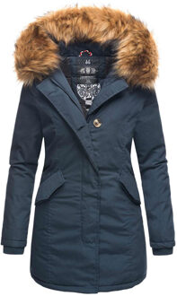dames winterparka met afneembare imitatiebontkraag & capuchon Blauw