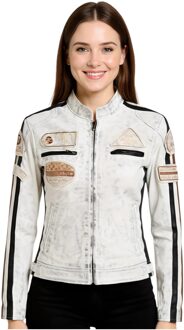 Dames wit leren bikerjack met racebadges - Dalby - maat EU 40 / UK 12