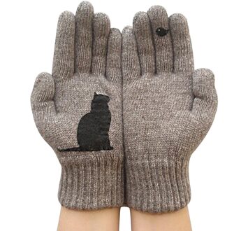 Dames Wollen Handschoenen Vrouwelijke Winter Outdoor Warmte Koude Beschermd Dikke Plus Kat Vogel Print Handschoenen Leuke Roze Eenvoudige Mitten