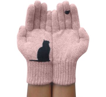 Dames Wollen Handschoenen Vrouwelijke Winter Outdoor Warmte Koude Beschermd Dikke Plus Kat Vogel Print Handschoenen Leuke Roze Eenvoudige Mitten