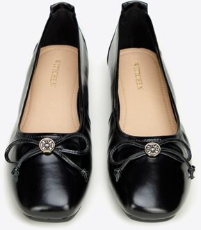 Dames Zachte Leren Ballerina's met Monogram Strik in Zwart en Goud