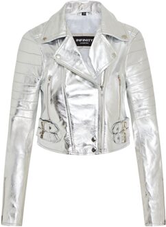 Dames zilveren cropped Brando leren bikerjack - Bellville - maat EU 46 / UK 18