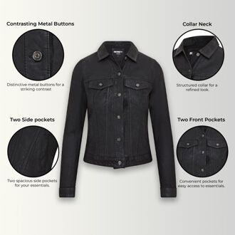Dames zwart leren trucker jeansjack - Doha