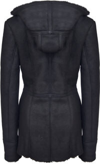 Dames zwart Merino schapenvachtjack met capuchon-Mandalay - maat EU 44 / UK 16