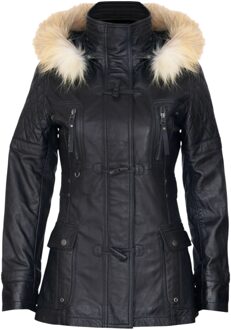 Dames zwarte lamsleren gewatteerde parka met bontkraag - Duchess - EU 50 / UK 22