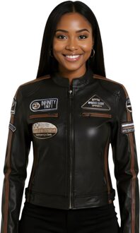 Dames zwarte leren bikerjack met racebadges - Dalby - EU 48 / UK 20