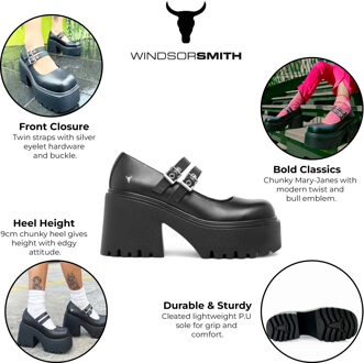 Dames Zwarte Leren Mary-Jane Hak Schoenen met Dikke Plateauzool - Lessen