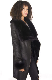 Dames zwarte merino shearling jas met Toscana kraag-Fortaleza - maat EU 44 / UK 16