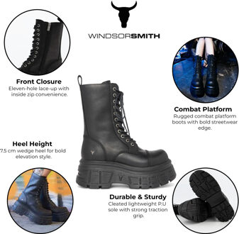 Dames Zwarte Mid-Calf Biker Leren Platform Combat Boots - Screaming