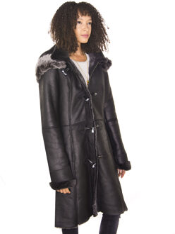 Dames zwarte schapenvacht duffelcoat met capuchon-Ottawa