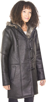 Dames zwarte shearling duffelcoat met capuchon-Lille - EU 48 / UK 20