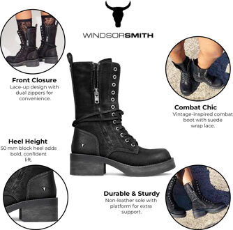Dames Zwarte Suède Combat Boots Mid-Calf Veterschoenen Bikerschoenen - Verzamelen - EU 36 / UK 3